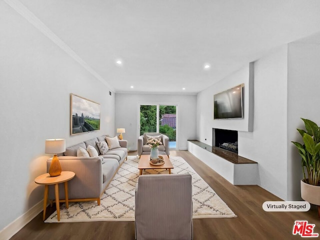 living room featuring dark hardwood / wood-style floors and ornamental molding