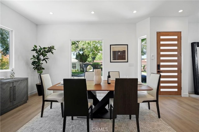 dining space with light hardwood / wood-style flooring