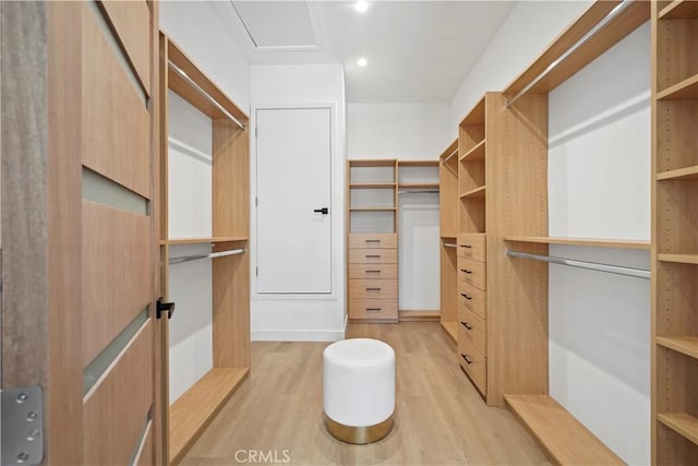 walk in closet with light hardwood / wood-style floors