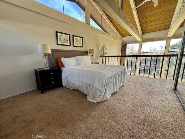 carpeted bedroom with high vaulted ceiling, wood ceiling, and beam ceiling