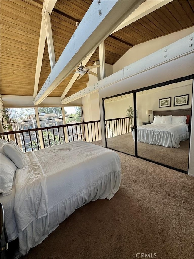 bedroom with high vaulted ceiling, beamed ceiling, carpet flooring, access to outside, and ceiling fan