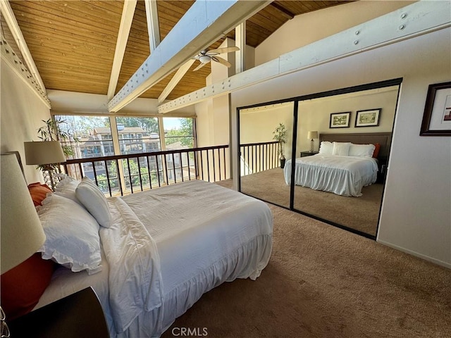 bedroom featuring high vaulted ceiling, carpet floors, ceiling fan, wooden ceiling, and beam ceiling