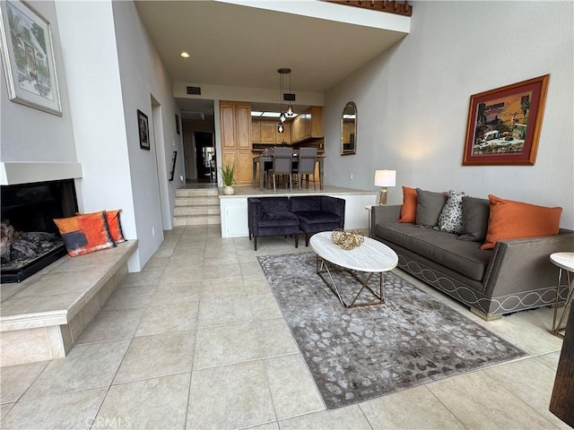 living room featuring light tile patterned floors