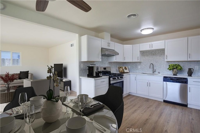 kitchen featuring appliances with stainless steel finishes, light hardwood / wood-style flooring, white cabinets, decorative backsplash, and sink