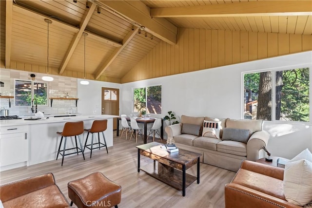 living room featuring light wood-type flooring, wooden ceiling, beam ceiling, and high vaulted ceiling