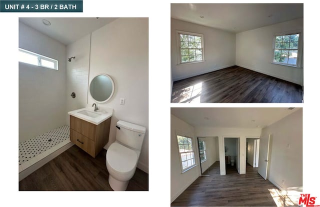 bathroom with hardwood / wood-style floors, vanity, toilet, and a healthy amount of sunlight