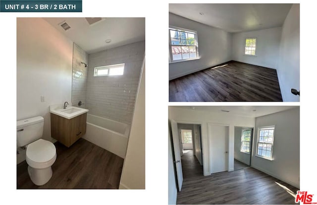 full bathroom featuring hardwood / wood-style floors, a healthy amount of sunlight, toilet, and tiled shower / bath