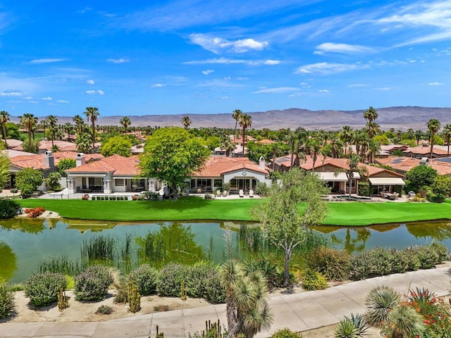 view of home's community with a yard and a water and mountain view