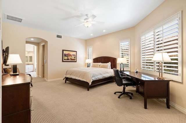 carpeted bedroom with ceiling fan