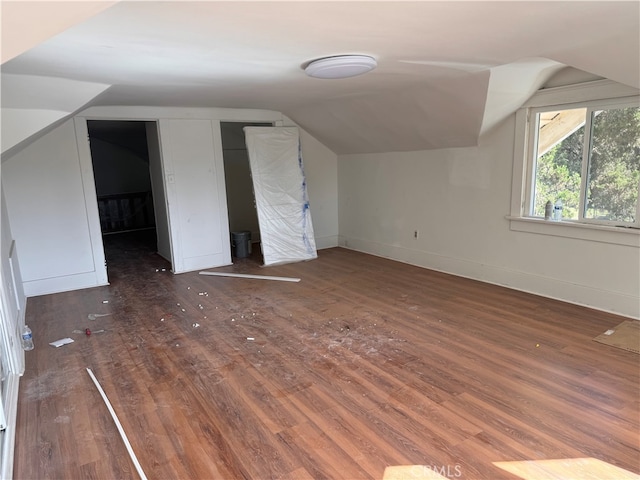 additional living space with vaulted ceiling and dark hardwood / wood-style flooring