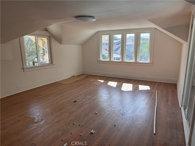 additional living space with dark hardwood / wood-style flooring, a wealth of natural light, and vaulted ceiling