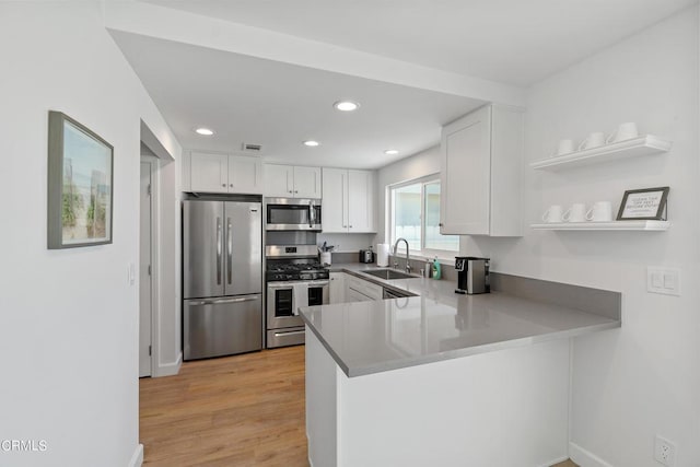 kitchen featuring white cabinetry, a peninsula, appliances with stainless steel finishes, and a sink