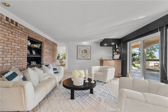 carpeted living room featuring crown molding and brick wall