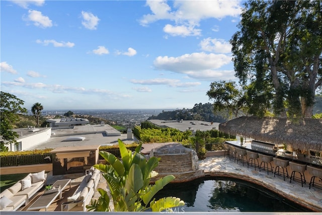 view of swimming pool with an outdoor kitchen, exterior bar, and a patio area