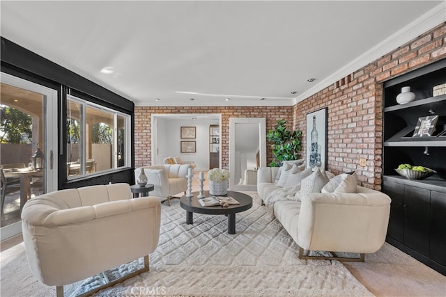 living room featuring light carpet, brick wall, and ornamental molding