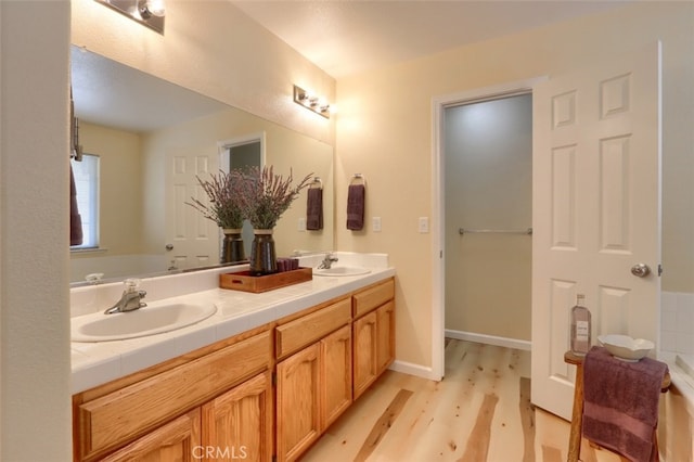 bathroom featuring a washtub, wood-type flooring, and vanity