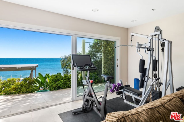 workout area with a water view