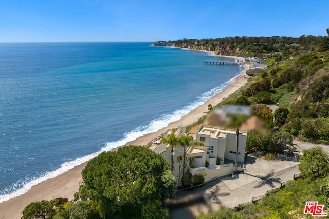 bird's eye view with a water view and a beach view