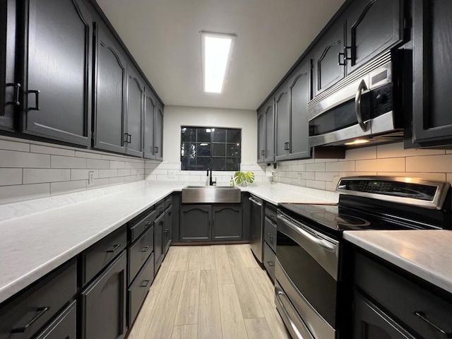 kitchen with sink, light wood-type flooring, appliances with stainless steel finishes, and backsplash