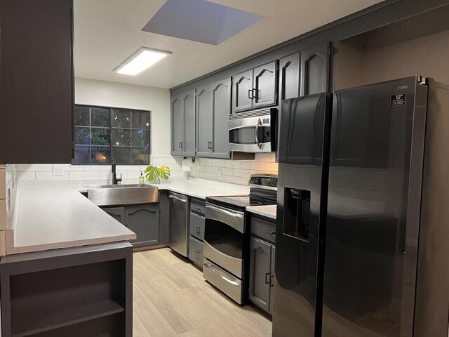 kitchen featuring stainless steel appliances, decorative backsplash, sink, gray cabinets, and light wood-type flooring