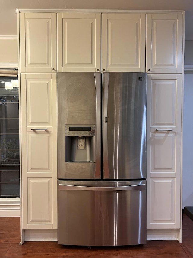 kitchen featuring stainless steel refrigerator with ice dispenser, dark wood-type flooring, white cabinets, and wine cooler