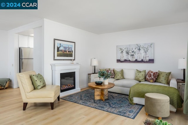 living room featuring ornamental molding and hardwood / wood-style flooring