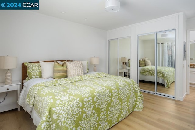 bedroom with two closets and hardwood / wood-style flooring