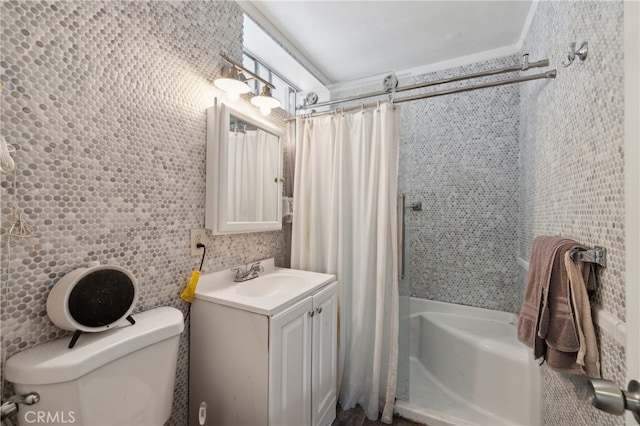 bathroom featuring vanity, a shower with curtain, toilet, and tile walls