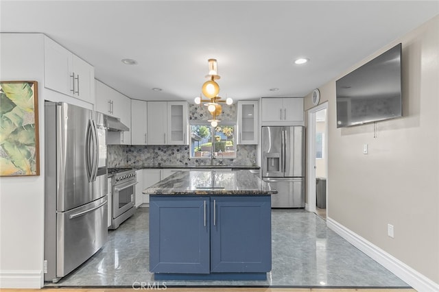 kitchen with a kitchen island, appliances with stainless steel finishes, and white cabinetry