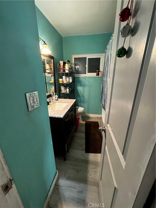 bathroom with wood-type flooring, vanity, toilet, and a shower with curtain