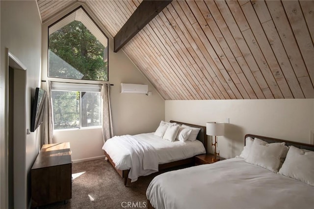 bedroom with vaulted ceiling with beams, wood ceiling, a wall mounted air conditioner, and dark colored carpet