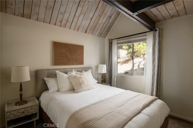 carpeted bedroom featuring wood ceiling and lofted ceiling with beams