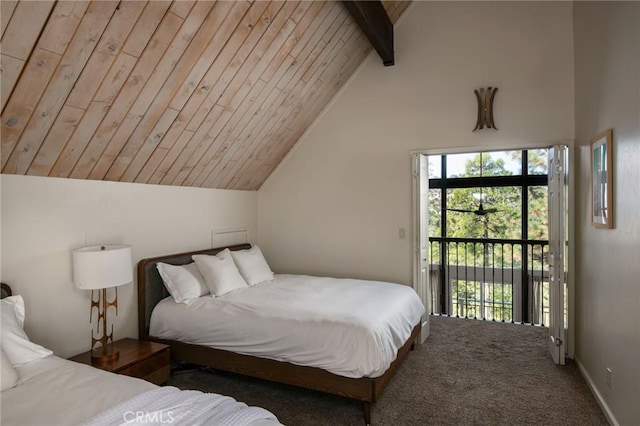 carpeted bedroom featuring vaulted ceiling with beams, wooden ceiling, and access to outside