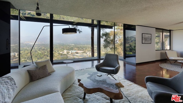 living room with plenty of natural light, a wall of windows, and a textured ceiling