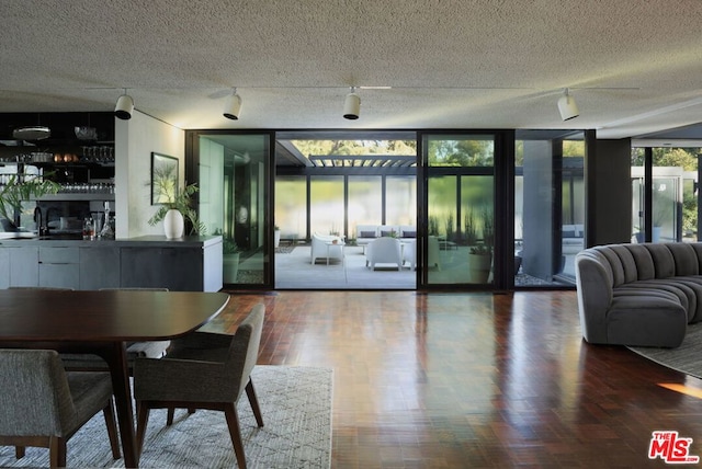 dining area featuring a wealth of natural light, wood-type flooring, and a wall of windows