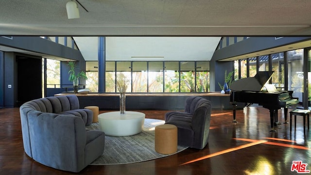 living room with wood-type flooring, a textured ceiling, and vaulted ceiling