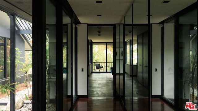 corridor featuring plenty of natural light, floor to ceiling windows, and dark hardwood / wood-style flooring