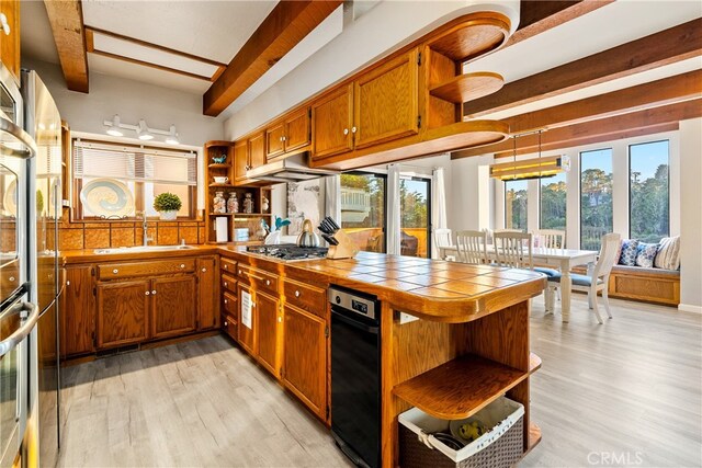 kitchen with plenty of natural light, light hardwood / wood-style flooring, sink, and tile countertops