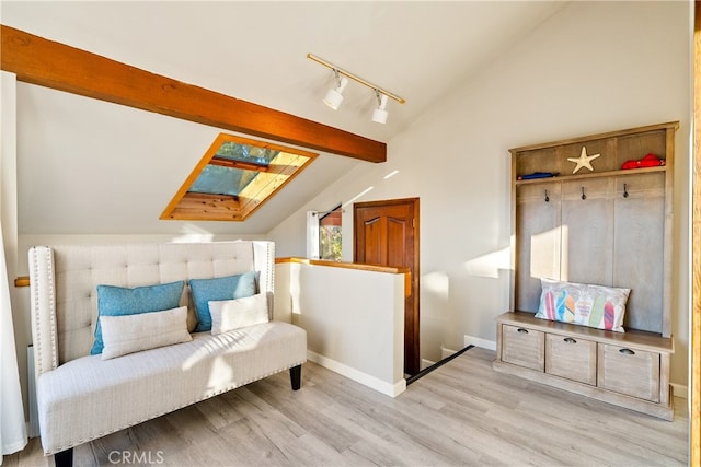 living area featuring lofted ceiling with skylight, light hardwood / wood-style flooring, and rail lighting