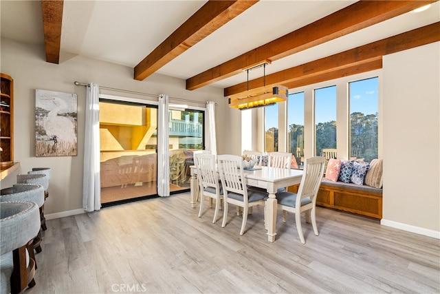 dining space with light hardwood / wood-style floors and beam ceiling