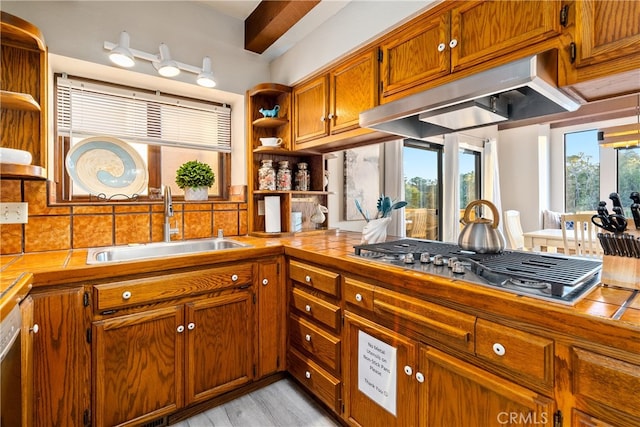 kitchen featuring sink, stainless steel gas cooktop, backsplash, light hardwood / wood-style floors, and ventilation hood