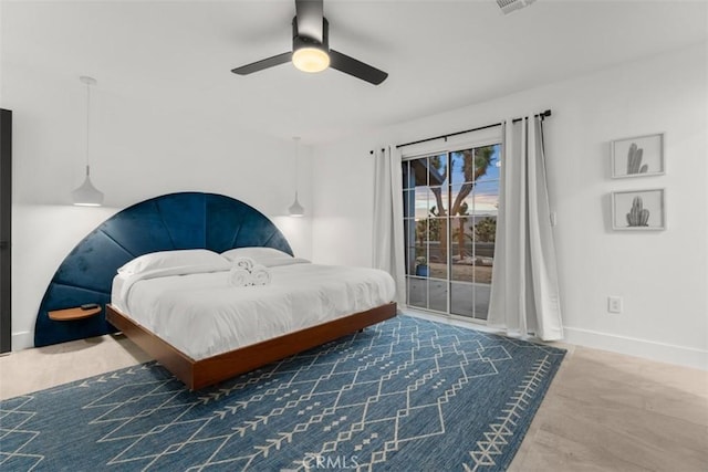 bedroom featuring hardwood / wood-style floors, access to outside, and ceiling fan