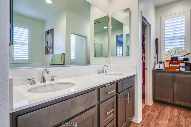 bathroom with vanity and hardwood / wood-style floors