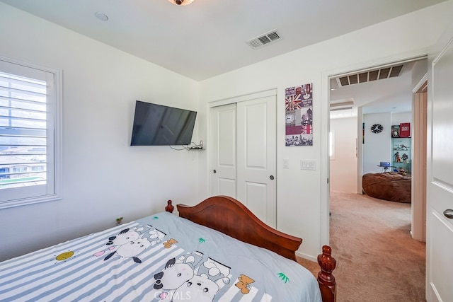 carpeted bedroom featuring a closet and multiple windows