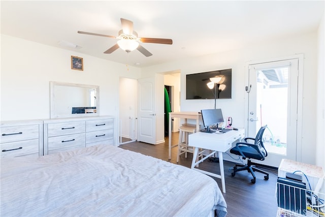 bedroom featuring dark wood-type flooring and ceiling fan