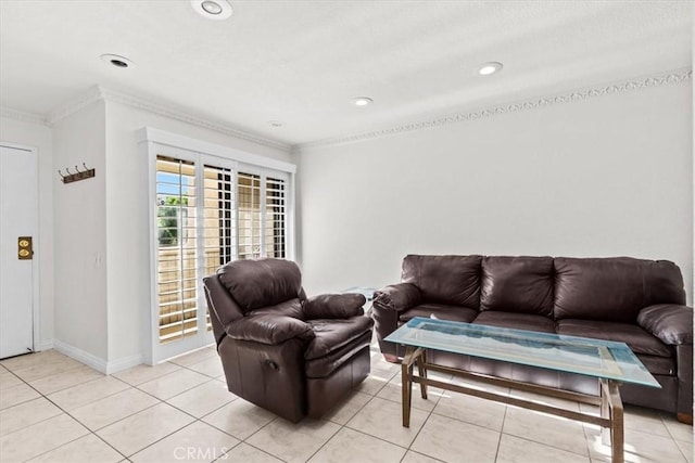 tiled living room with crown molding