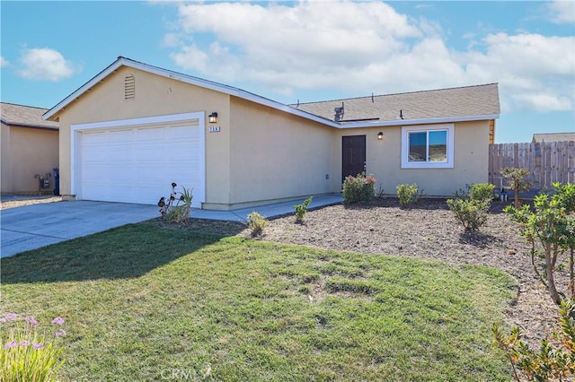 single story home featuring a front yard and a garage