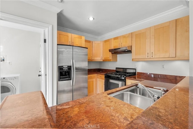 kitchen featuring sink, crown molding, washer / dryer, light brown cabinetry, and appliances with stainless steel finishes