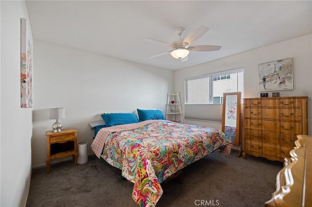 bedroom with dark carpet and ceiling fan