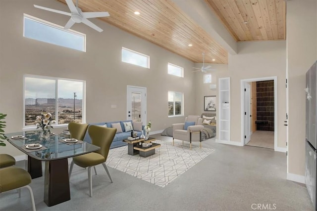 69444 Valle Vista Rd Unit 29, Palms, CA 92277 - living area featuring wood ceiling, a ceiling fan, a towering ceiling, recessed lighting, and healthy amount of natural light